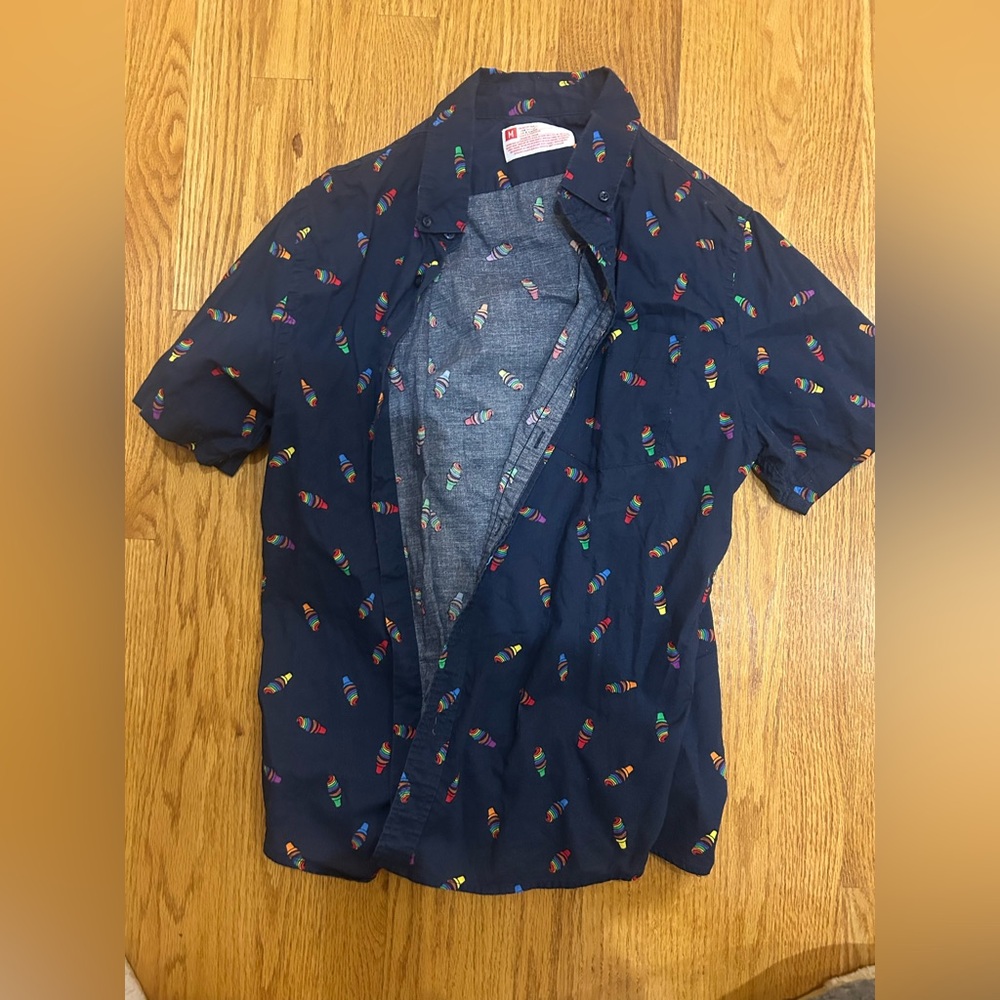 Men's Casual Navy Shirt with Multicolor Pattern